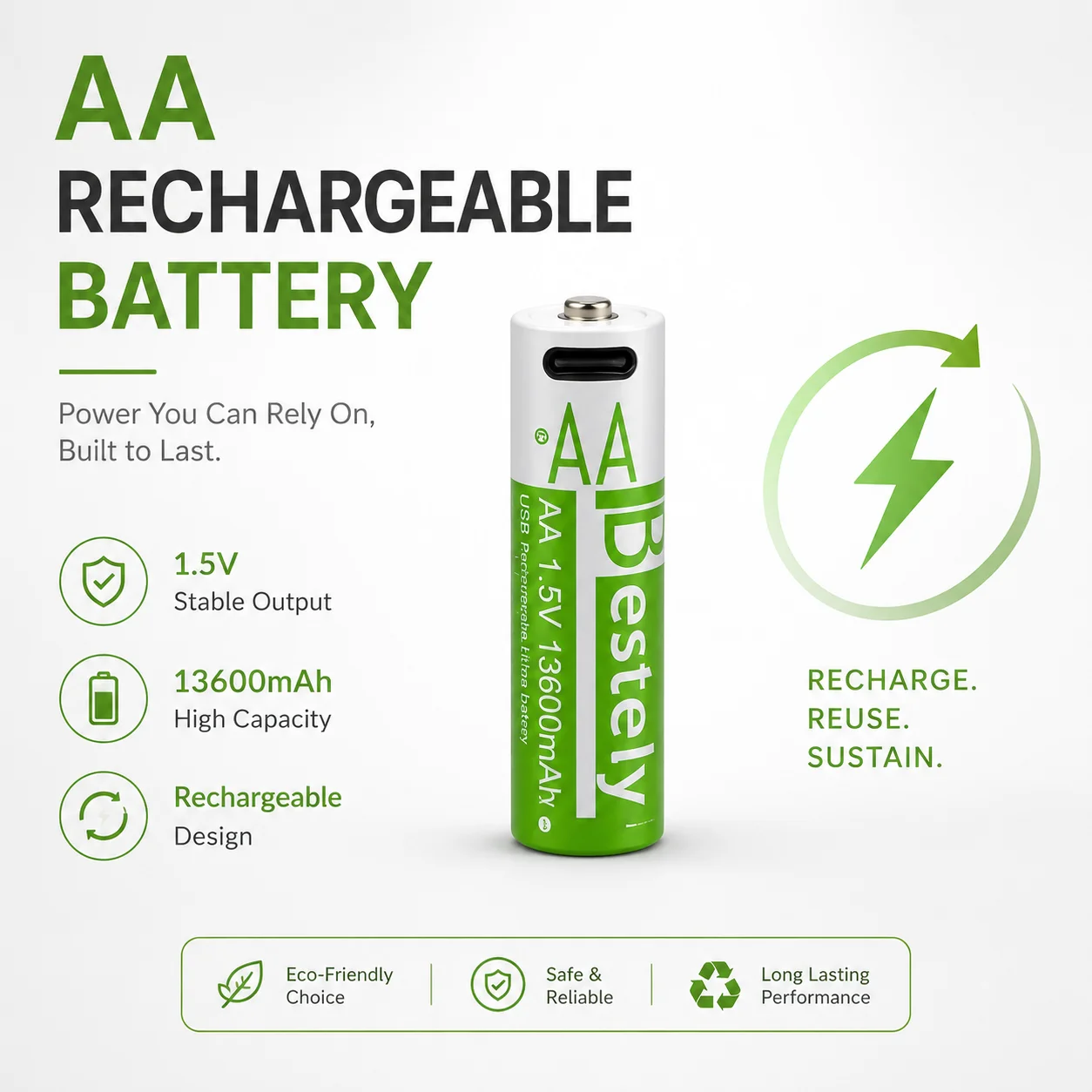 

1.5V 13600mAh USB AA Lithium ion Rechargeable Battery, Fast Charging Li-ion Akku , 2000 Cycle with Type- C Port Cables