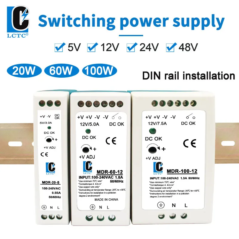 48V/24V/12V/5V Power Supply DIN Rail Power Supply Switch MDR-100W 20W 40W 60W 100W Power Source 2A 4A 5A 10A DC Single Output