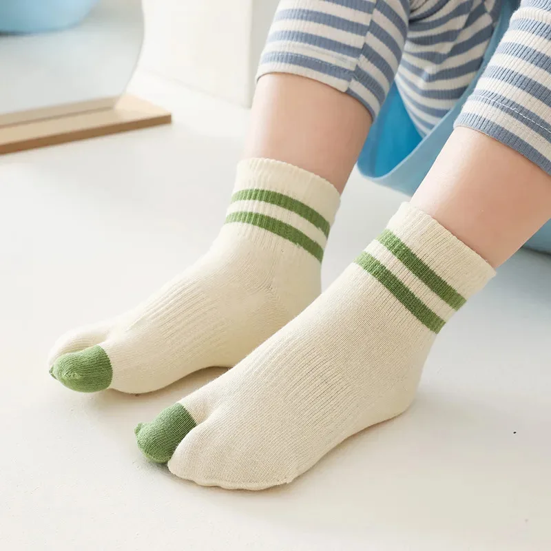 3 Pairs Children Tabi Socks Pure Cotton Fashion Striped Mid-tube Two Toe Sock Kids Student Baby Boys Girls Clogs Socks with Toes
