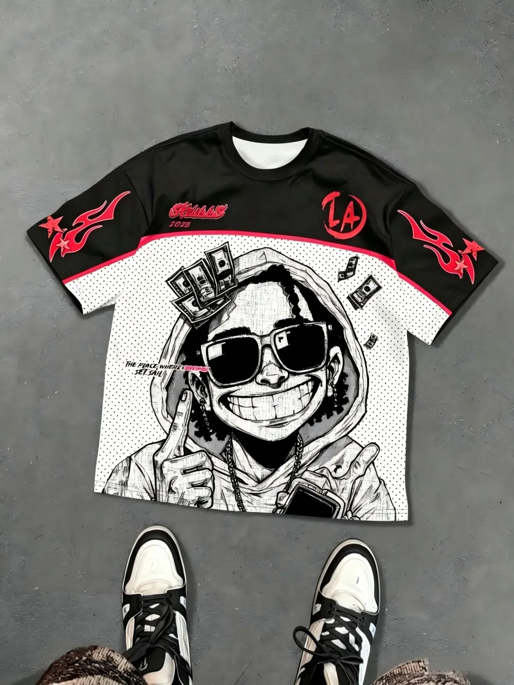 American men's summer fun character letter print micro elastic breathable round neck T-shirt suitable for outdoor street style