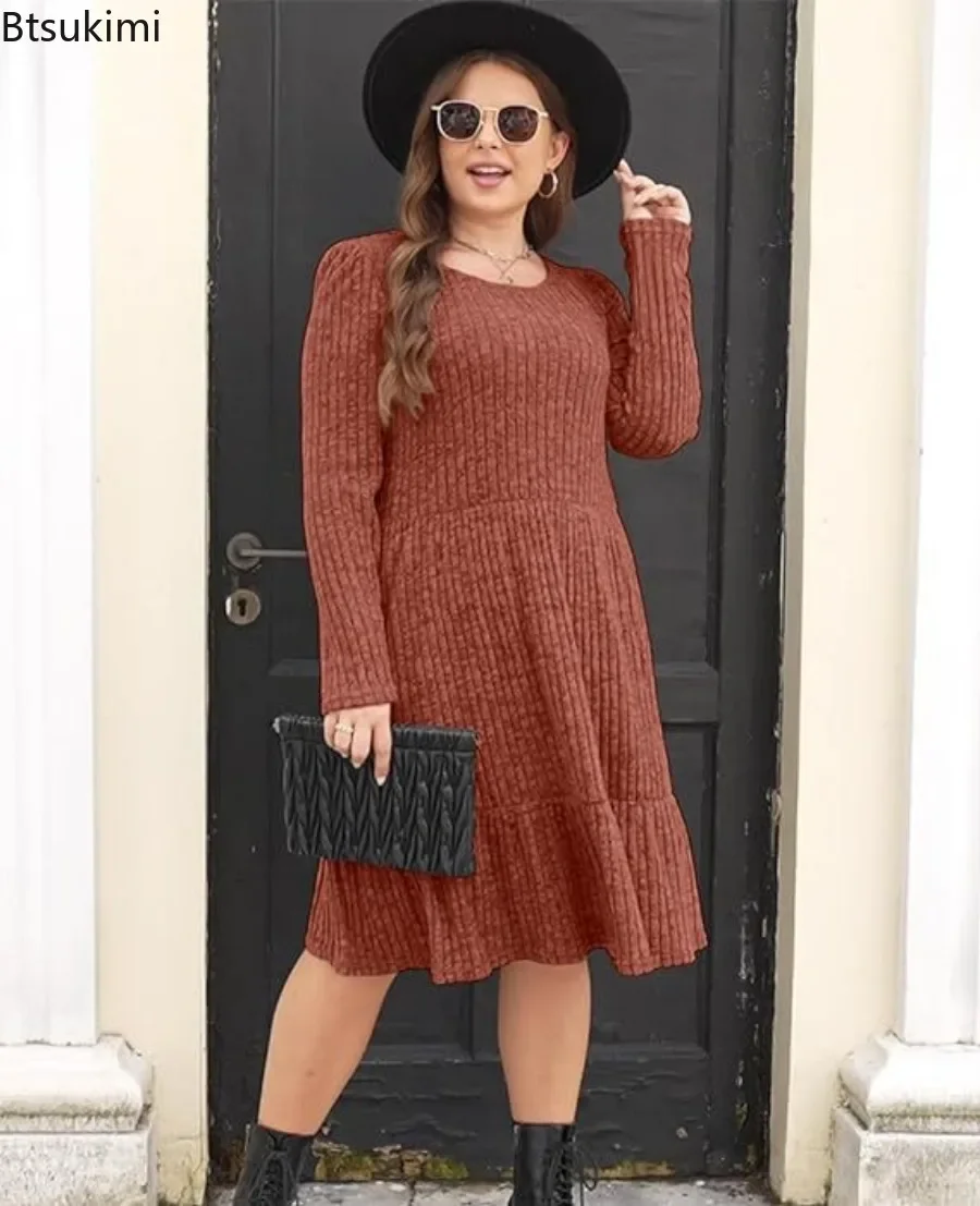 New 2024 Women\'s Knitted Long Sleeve Dress Solid Autumn Winter Round Neck Club Party Dresses for Women Casual Loose Dress Robe