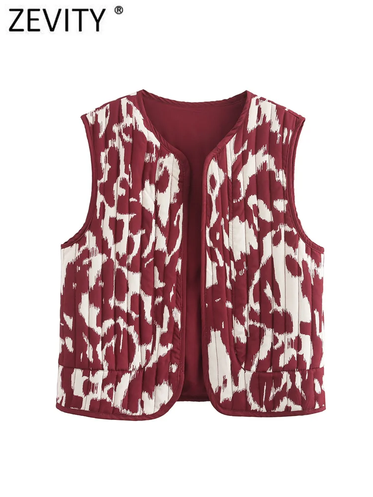 Zevity 2024 Women Y2K Graffiti Print O Neck Quilted Cotton Vest Jacket Ladies Retro Open Stitching Slim WaistCoat Tops CT7129