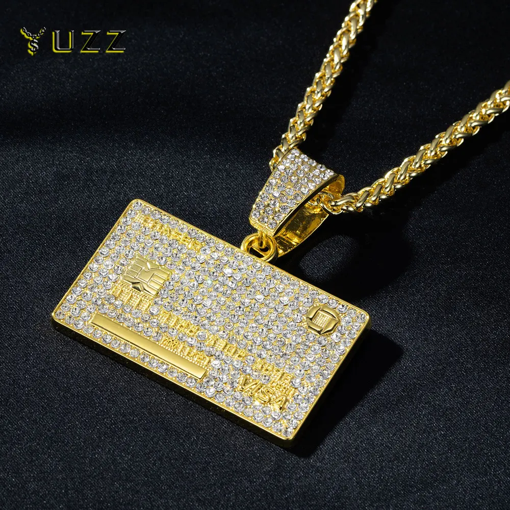 Men's Hip Hop VISA Golden Silvery Card Pendant Necklaces With 5mm 24 Inch Long Chain Credit Card Pendants for Daily Wear Unisex