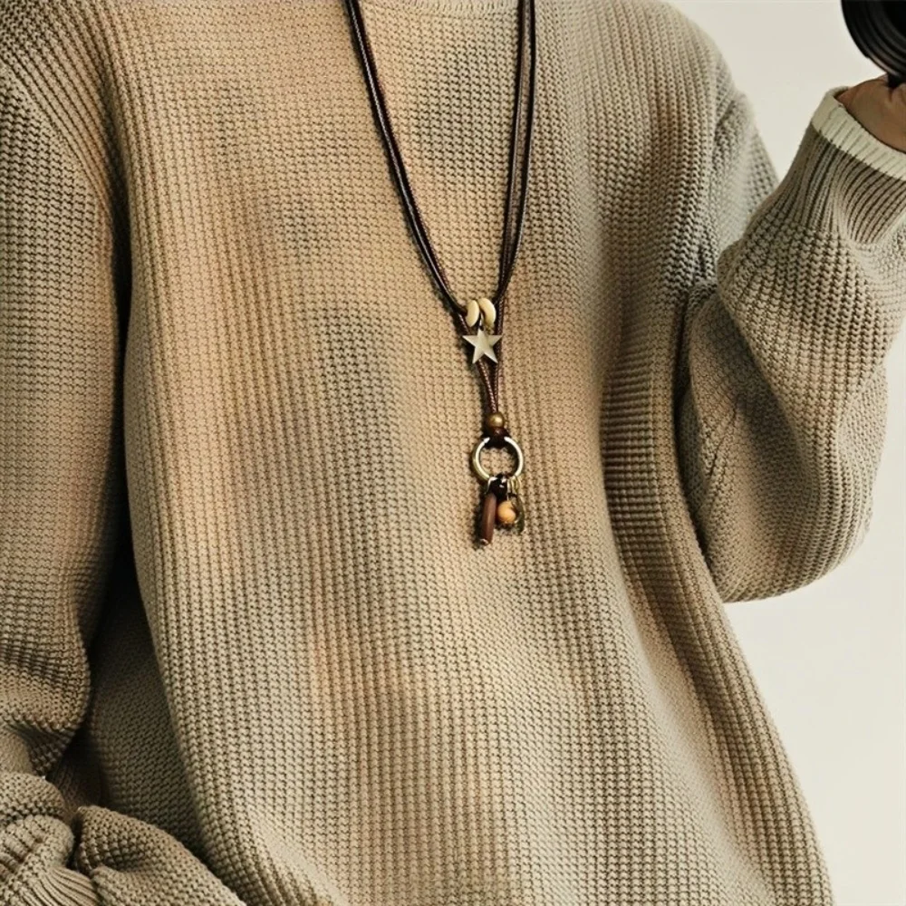 PU Leather Retro Sweater Chain Necklace Star Long Pendant Necklace For Women Simple Fashion Jewelry Accessories