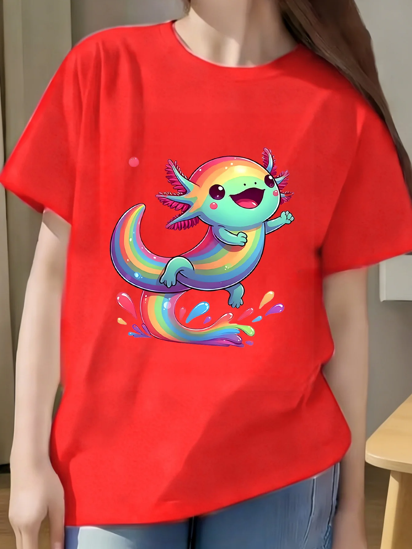 Kids Family Matching T Shirt Cute Rainbow Axolotl Water Splash Print Short Sleeve Cotton Tops For Boys Girls Daily Casual Outfit