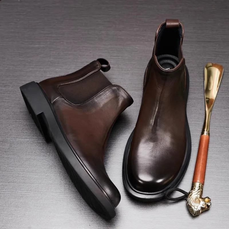 

Motorcycle leather Chelsea boots men's autumn and winter fleece fashion flat retro middle gang youth trend leather shoes