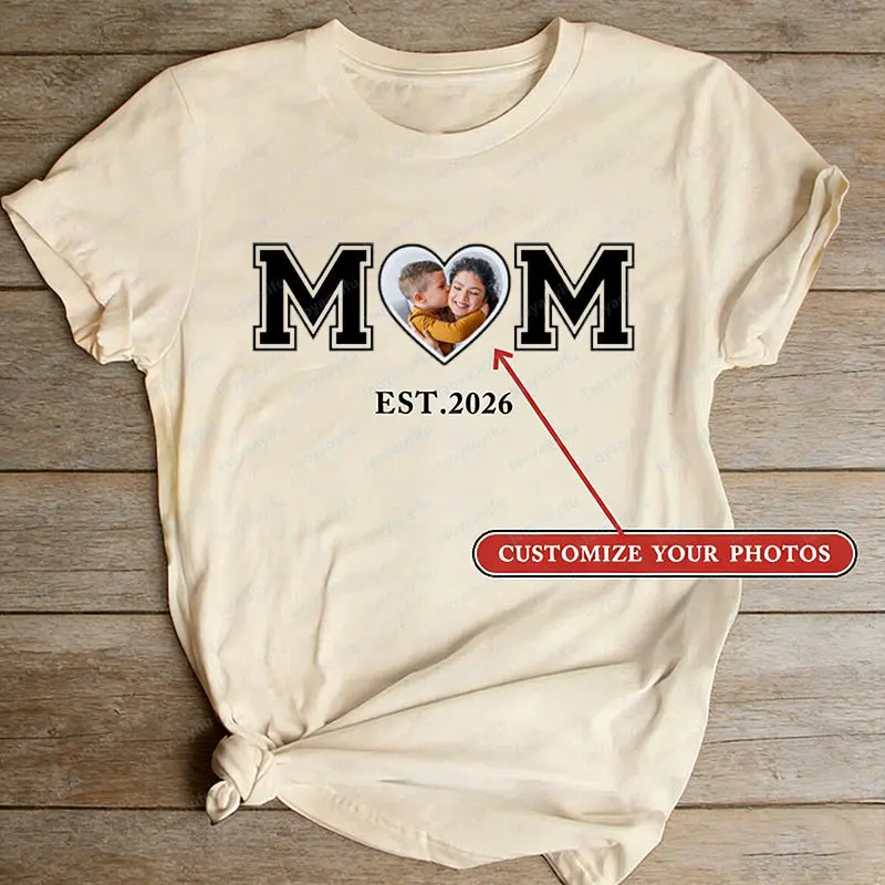 Mom T-Shirt Customize Your Year and Photos Mothers Day Gift Women's & Unisex Breathable Short Sleeve Tee Cute Mama Cotton Tops