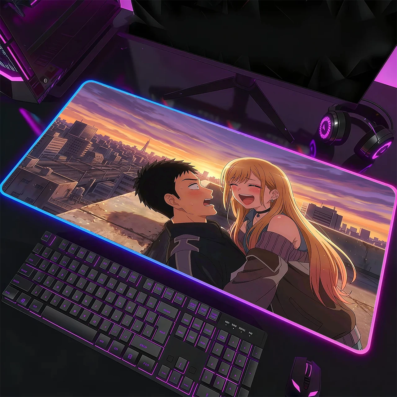

RGB Gaming Mouse Pad,Anti-slip,Stitched Edges,Soft Rubber,My Dress-Up Darling Couple Sunset Deskpad For Office Desk & Home Use