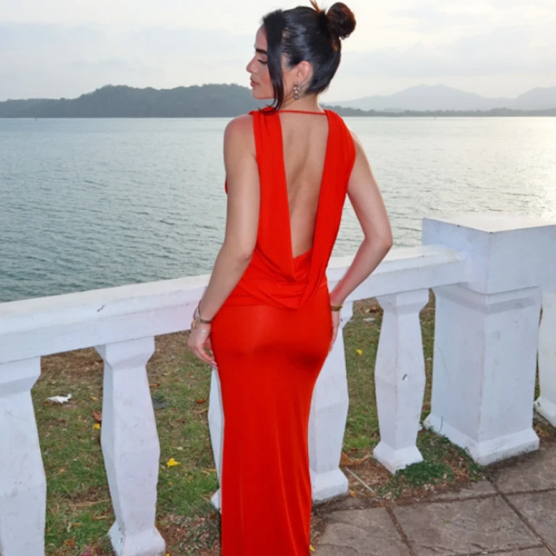 HXAO Czerwone Eleganckie Długie Sukienki 2025 Damskie Wiosenno-Letnie Seksowne Sukienki Dzianinowe w Stylu Vintage Modne Sukienki na Imprezę Wieczorową Bal Studniówkowy Vestidos