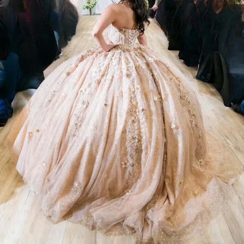 Vestidos De quinceañera brillantes champán personalizados, vestido De baile con hombros descubiertos, apliques De cuentas De encaje, Tull dulce 16, Vestidos 15 De