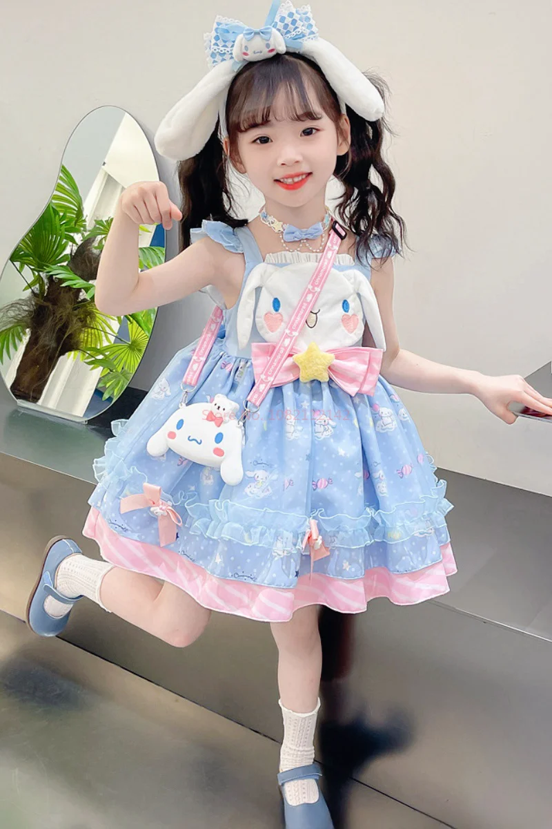 Original Miniso Kawaii Cinnamoroll My Melody Children Dress Cartoon Anime Lolita Princess Dresses Summer Party Sweet Girls Gifts