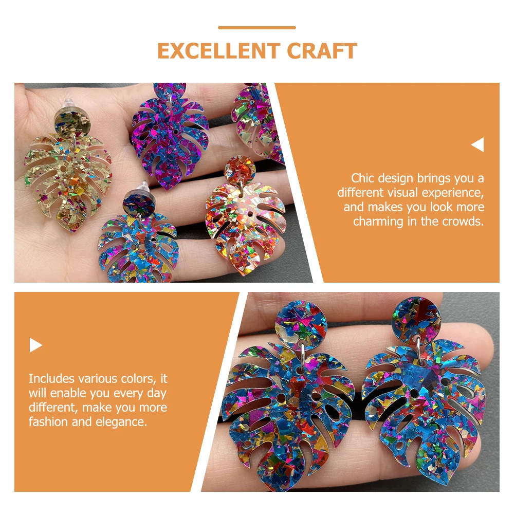 

5 Pairs Colorful Stud Earrings Sequined Summer Acrylic Leaf Personality Girls Dangle Drop Woman