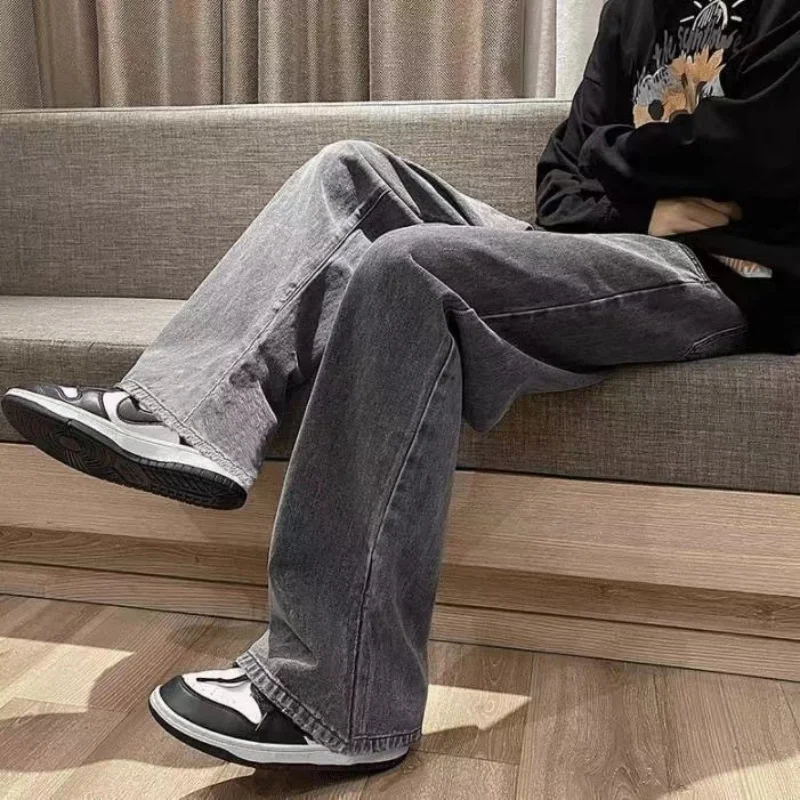 

Уличная одежда, свободные джинсы, мужские модные свободные прямые широкие брюки в корейском стиле, мужская брендовая одежда, черный, светло-синий, серый