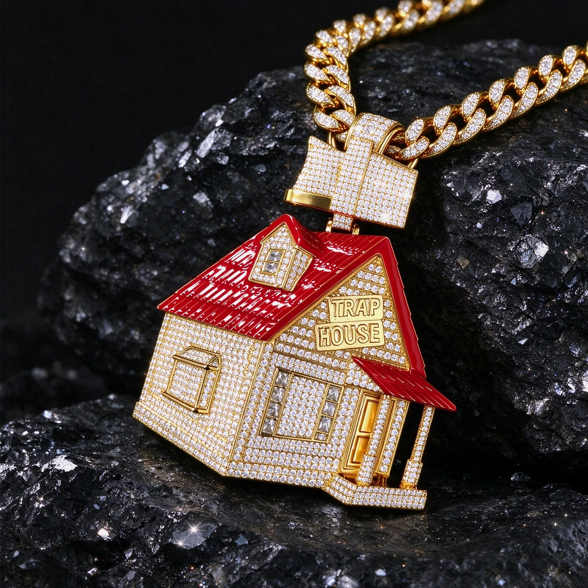 18K Gold Plated Cubic Zirconia Iced Out House Pendant For Hip Hop Music Lovers Rap Culture Party Wear Cool Accessories Red Enamel House Shape 3D Hip Hop Necklace Charm For Men Rapper Bling Micro Pave CZ Diamond Pendant Streetwear Trendy Jewelry Gift