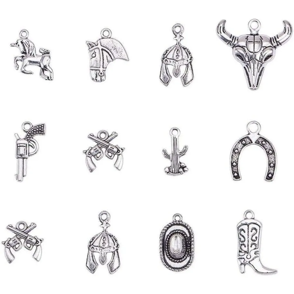 Western Charms Alloy Pendants, Ox-Head, Map with Cyprus, Boot, Revolver Pistol, Unicorn, Double Gun, Horse Head, Cacti, Hat,