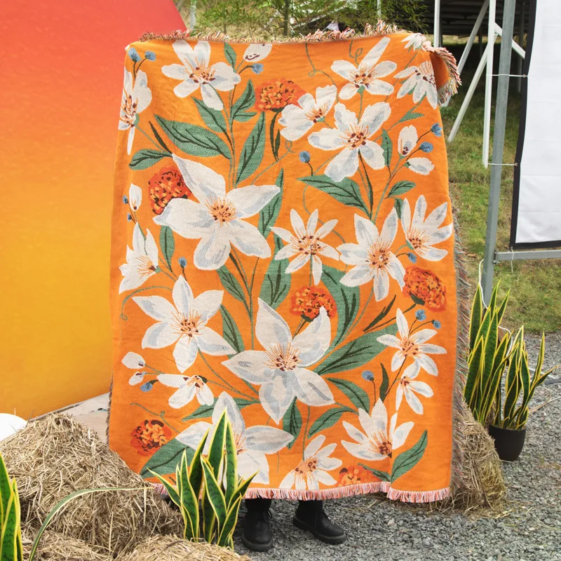 

Textile City Ins Orange Flowers Thread Blanket Home Leisure Decorative Blanket American Country Camping Blanket 125x150cm