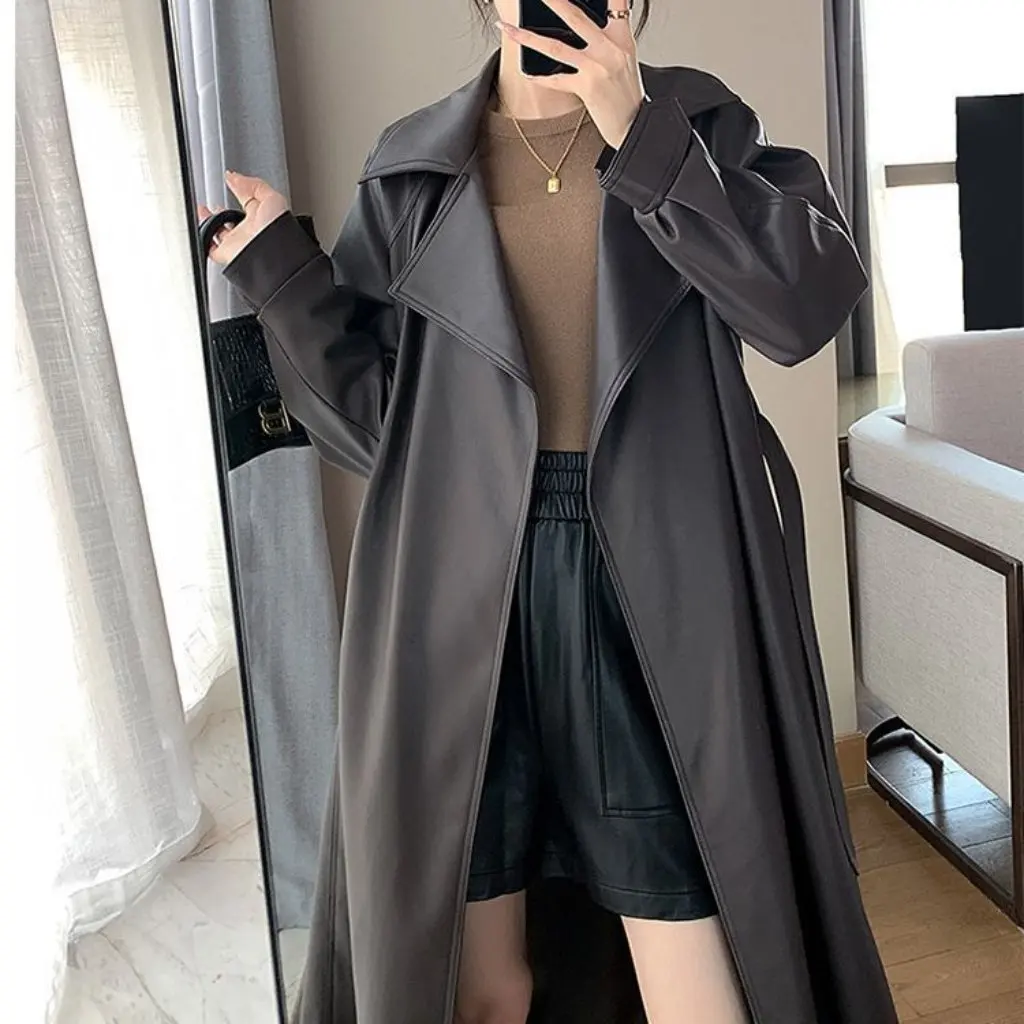 Trench-Coat Long en cuir PU pour femmes, longueur aux genoux, élégant, Style rétro, mi-long, vêtements d'extérieur pour printemps et automne