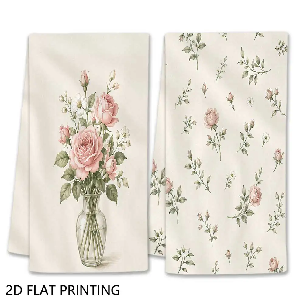 Jit 2pcs Pink Rose Vase Floral Pattern Dish Towels For Home Kitchen Country Table Decor