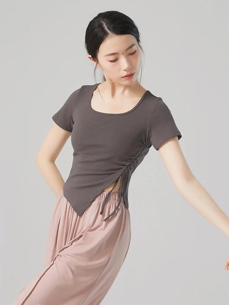 Top da ballo con scollo quadrato e orlo irregolare per balletto classico, abbigliamento da palcoscenico, camicia da donna con coulisse in tinta unita