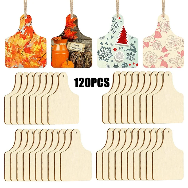 Madeira inacabada Pendurado Vaca Tags com Cordas, Artesanato DIY, Decoração Festa de Natal, 120 pcs