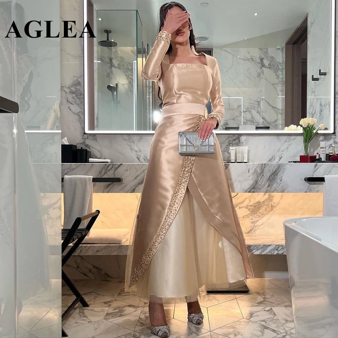 

AGLEA 2023 Party Dresses Square Neck Beaded Satin A Line Tulle Vestidos De Fiesta Elegantes Para Mujer Long Sleeves Party Gowns