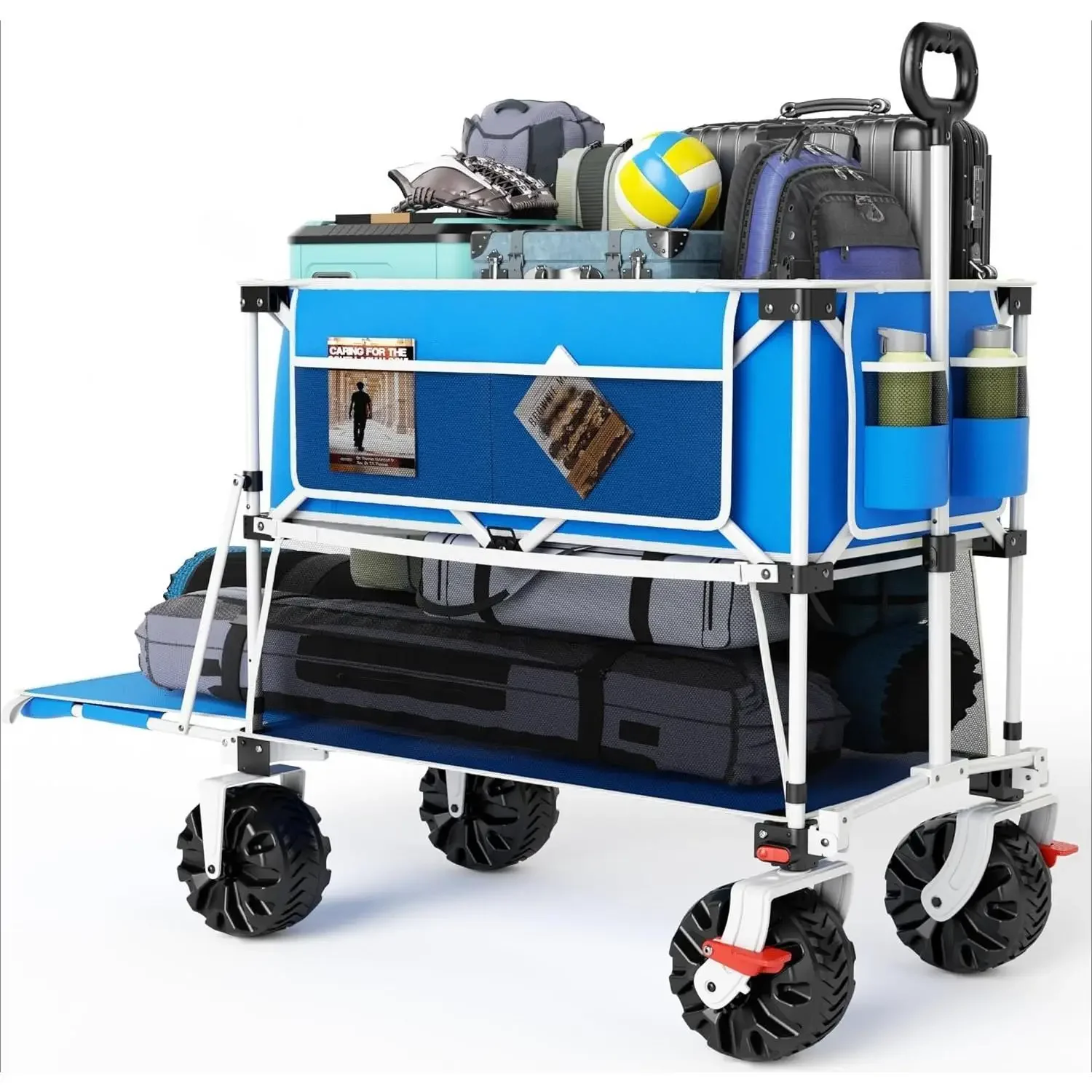Carro de playa plegable de dos pisos de 400 L con frenos, carrito de playa plegable con cubierta extra larga de 54", carro resistente de 450 libras