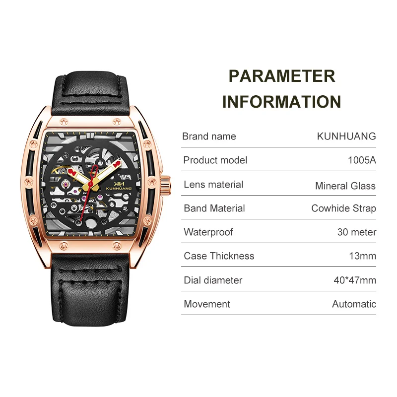 KunHuang Original Skeleton Automatical Mechanical Watch for Men Waterproof Luminous Stainless Steel men's Wristwatch