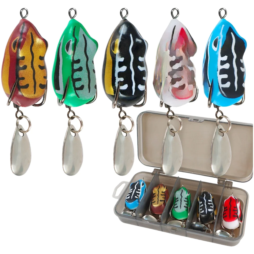 Pack of 5 Mini Amphibian Fishing Baits Soft Silicone Topwater Lures with Dual Hooks for Use in Streams and Lakes