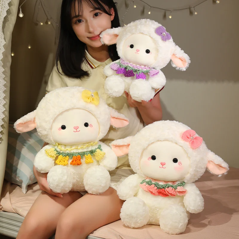 Flower Adorned Lamb Plushie Multi Size Cute Sheep Doll with Colorful Floral Collar for Cuddly Comfort Companion Gift