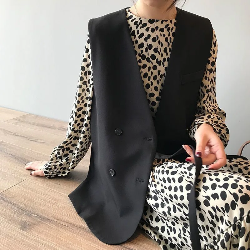 Woman's Suit Vest British Style Loose Fit Plus Size Double-Breasted Solid Ladies Suit Vest Business Sleeveless Girl Outerwear