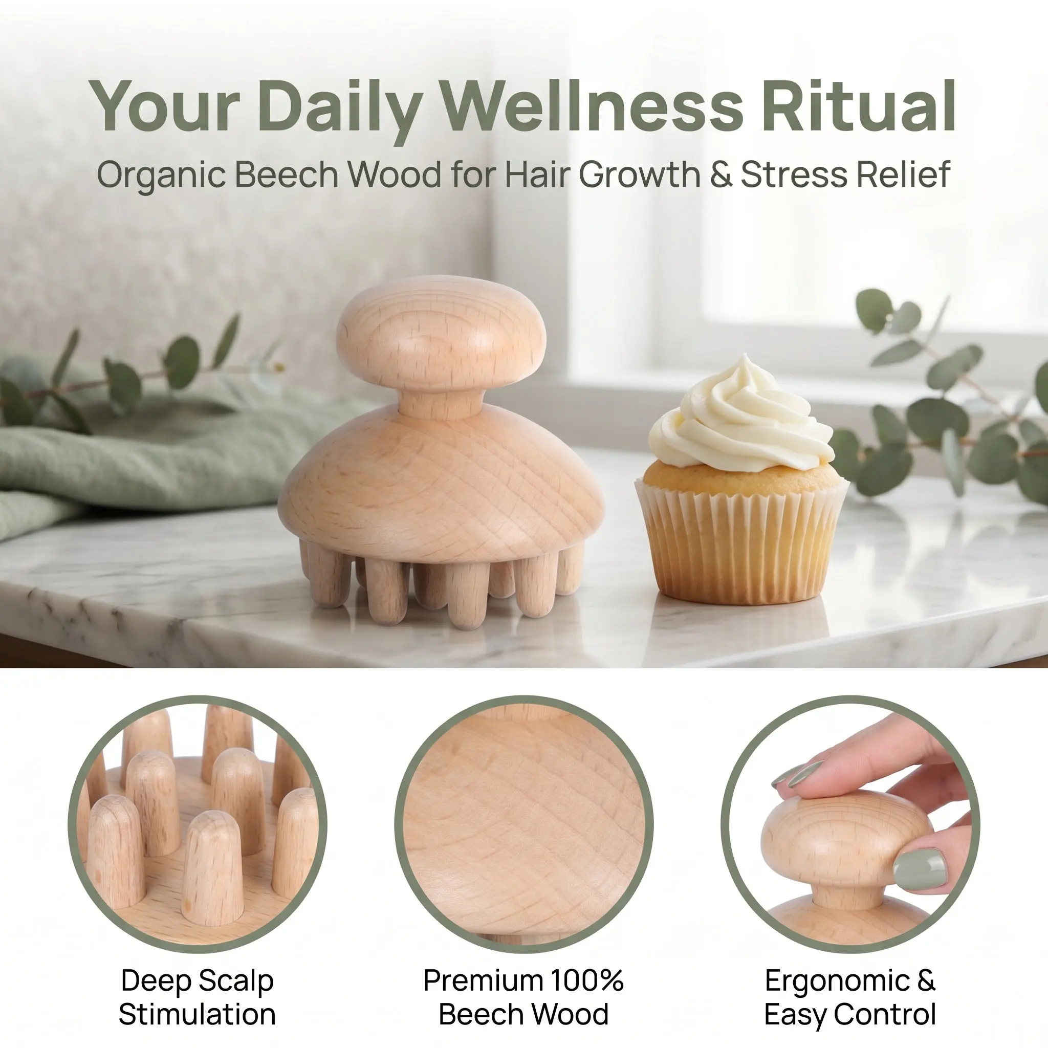 1Pcs Massage Comb Hand-Carved Beech Wood Scalp Massager Handheld Massage Tool Comfortable Relaxing Home Travel Head Massager