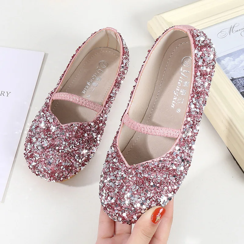

Children Spring Autumn Soft Soled Leather Shoes Little Girl Princess Dance Shoes Girls Crystal Shoes Silver Sequins Elastic Band