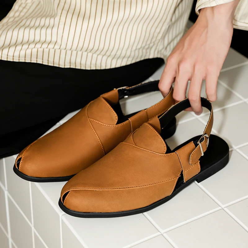 Men Sandals Buckle British Style Vintage Hollow Out Breathable Casual Low Heel Business Commuting Men Sandals Sizes 39-46