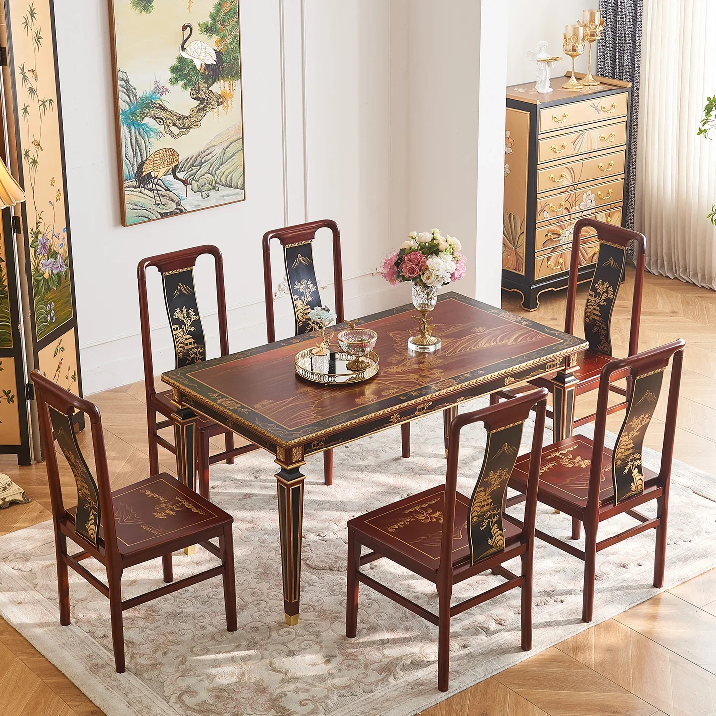 A  National style painted lucky head solid wood rectangular dining table and chairs