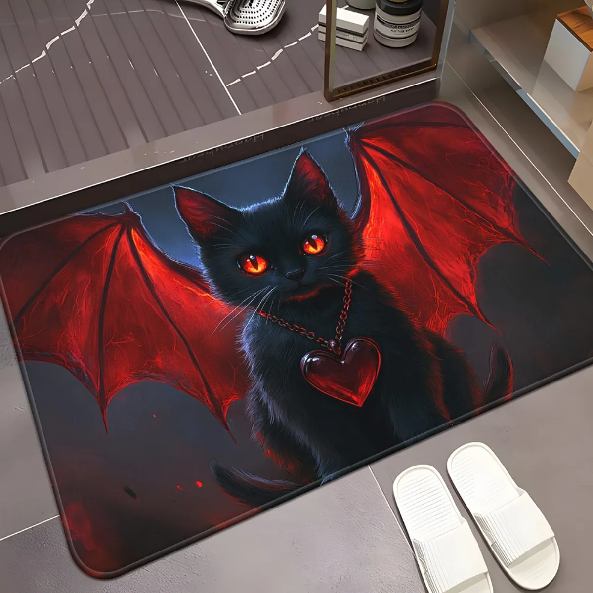 Ultra Aesthetic Cat Lover Goth Doormat Red Winged Creature Entrance Mat Modern Home Decor Halloween Gifts Polyester Utility Runn