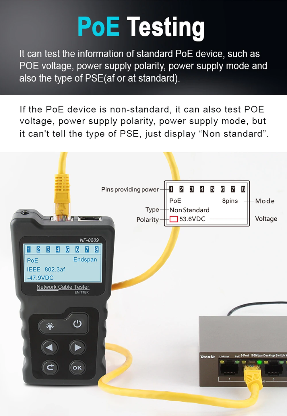 NOYAFA NF-8209 RJ45 Kabeltester POE Netzwerk-Kabelprüfer Kabeltester Netzwerkwerkzeug Kabelscan Kabelkarte UTP-Tester – Detail 10