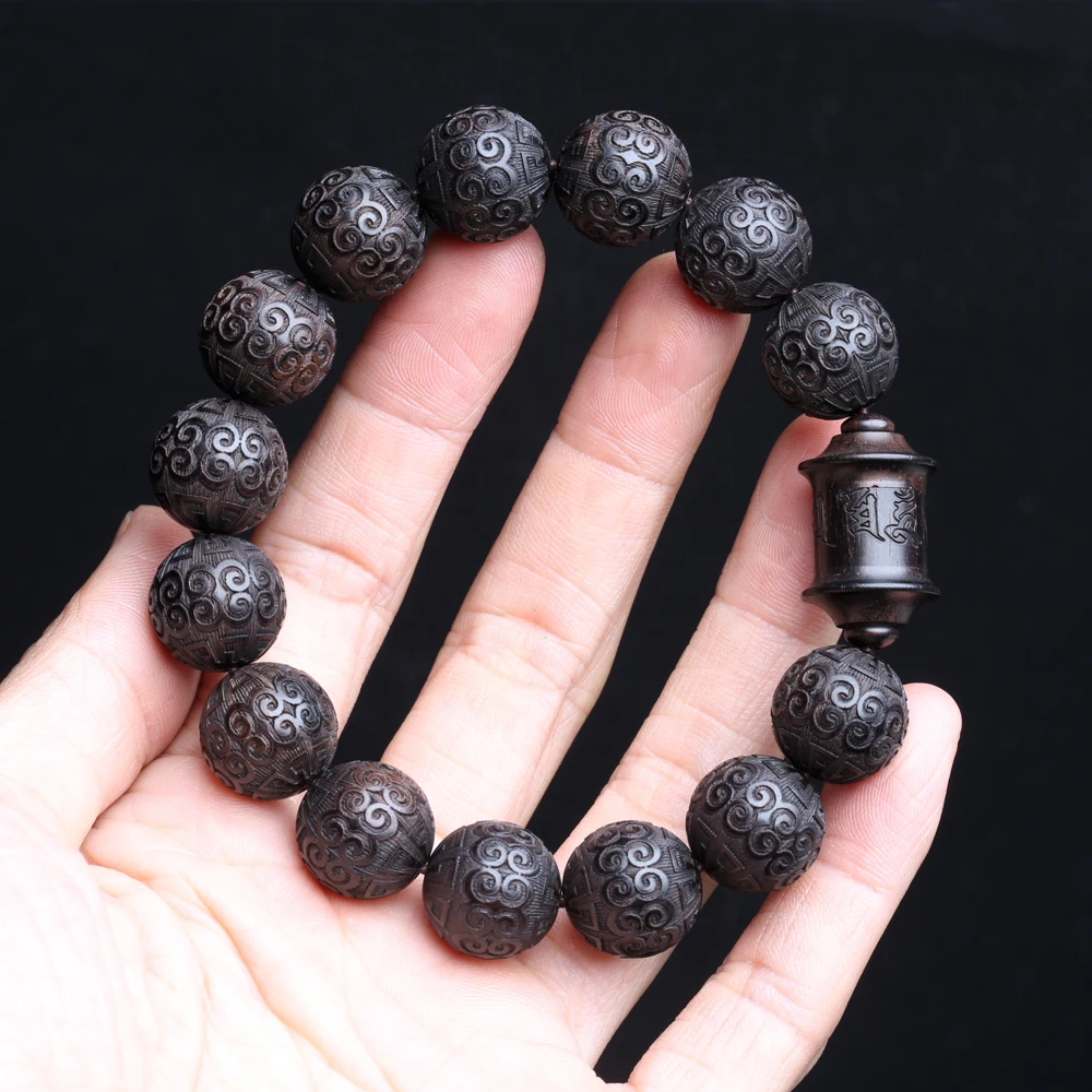 

Браслет из натурального черного дерева, бусины благоприятного облака 15 мм, молитвенные бусины, украшение на удачу, Классический резной браслет, универсальный
