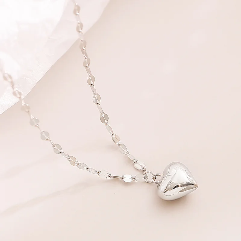 S925 Sterling Silver Necklace Glossy Love Necklace Peach Heart Niche Lip Chain Water Wave Chain Collarbone Chain Women's