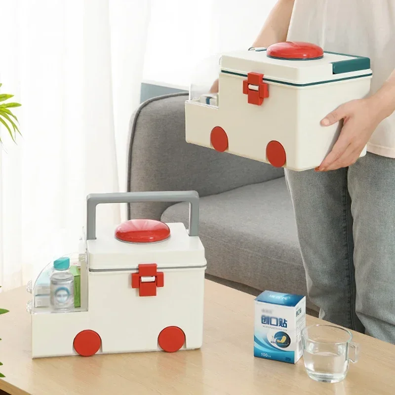 Caja médica para el hogar con forma de ambulancia de dibujos animados, caja médica portátil para niños, caja de almacenamiento de pastillas, caja de