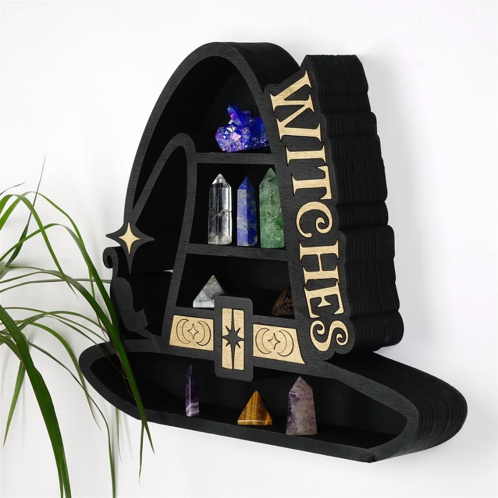 Witch Hat Crystal Wall Shelf Home Crystal Storage Shelf and Wall Decoration Witch Essential Oil Display Shelf Wooden Craft Gift