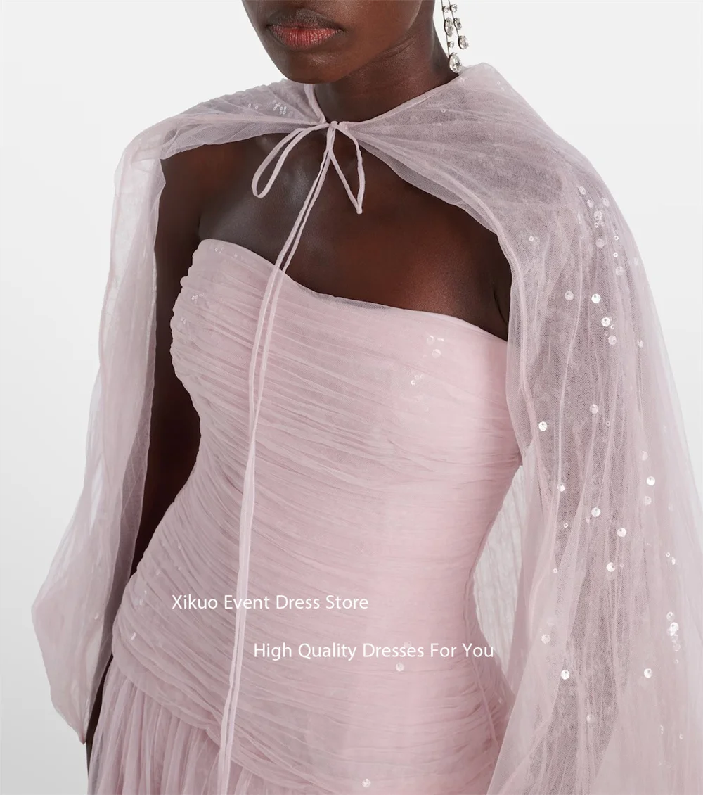 Xikuo كريستال مطرزة كيب الأكمام فساتين السهرة الوردي ألف خط Vestidos De Fiesta Ruched حمالة فساتين المشاهير مخصصة