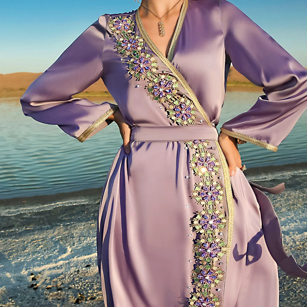 Eid Ramadan Muslim Open Abaya Women Elegant Kaftan Islamic Long Dresses Purple Hand-stitched Diamond Maxi Evening Luxury Robe