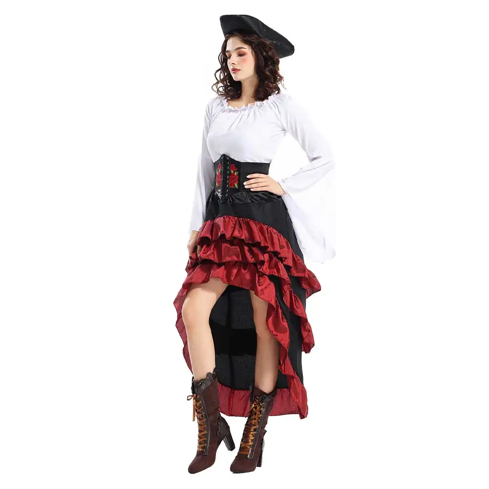 Disfraz de pirata Medieval para mujer, traje de actuación en escenario, sombrero, camisa, falda, trajes Retro para adultos, traje de fiesta de Carnaval de Halloween