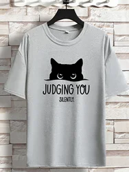 JUDGING YOU SILENTLY' Cat Print Loose T-shirt, Women Short Sleeve Crew Neck Tops, Casual Clothing for Spring Summer