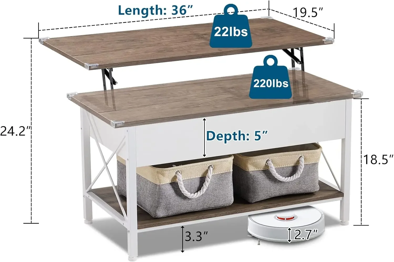 Table basse élévatrice avec bacs de rangement pour gril gratuit, table basse blanche pour salon, cadre de brochure, 36 po