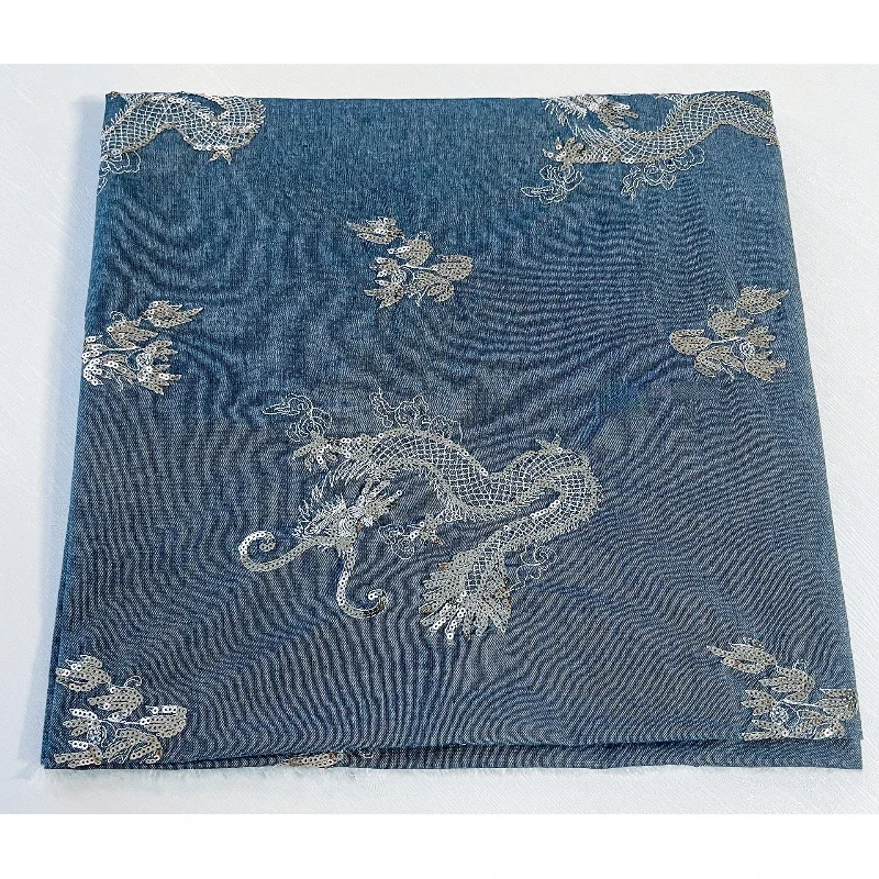 New Chinese Style Three-dimensional Sequins Tenglong Embroidery Denim Fabric Used Lightweight Shirts Dresses Clothing Fabrics