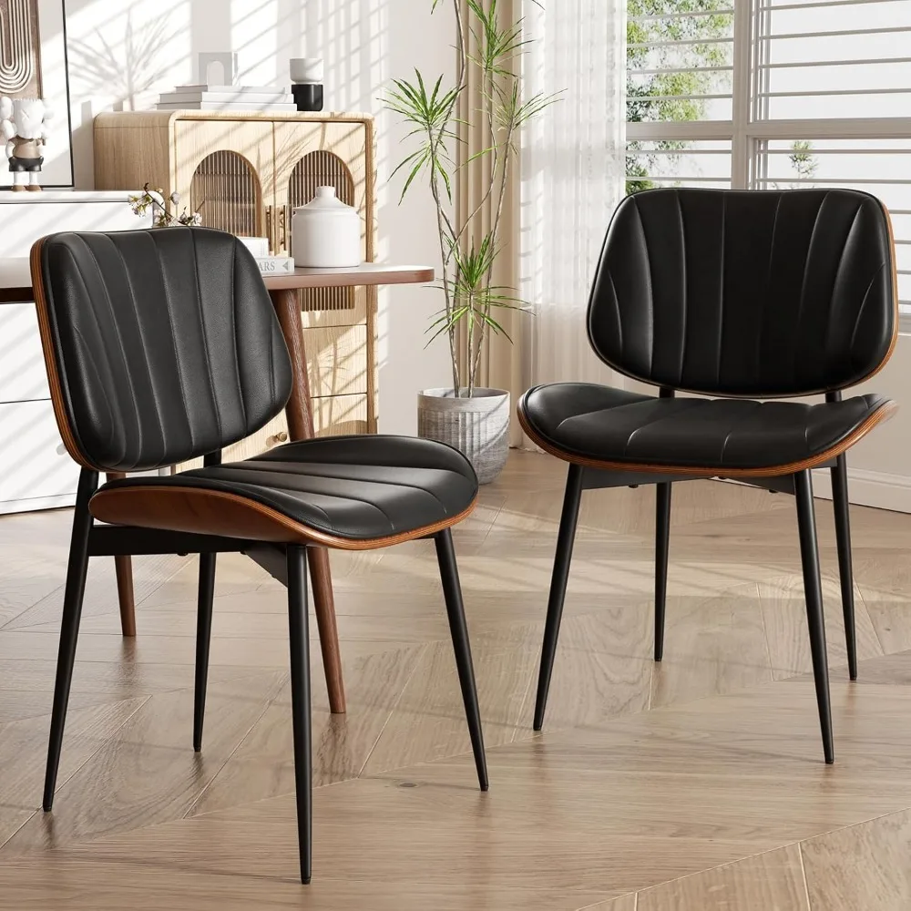 

One Set of Two Dining Chairs, Medieval Modern Dining Chairs, Walnut Back Cushioned Faux Leather Kitchen Chairs