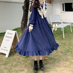 Women Large Size M-4XL Autumn Winter 2022 Sweet College Dress Long Sleeve Lolita Navy collar Dresses Female y2k Blue Clothes