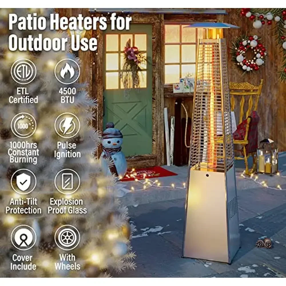 Outdoor Propane Patio Heaters Set of 2 Stainless Steel Glass Tube Deck Heaters with Wheels & Cover