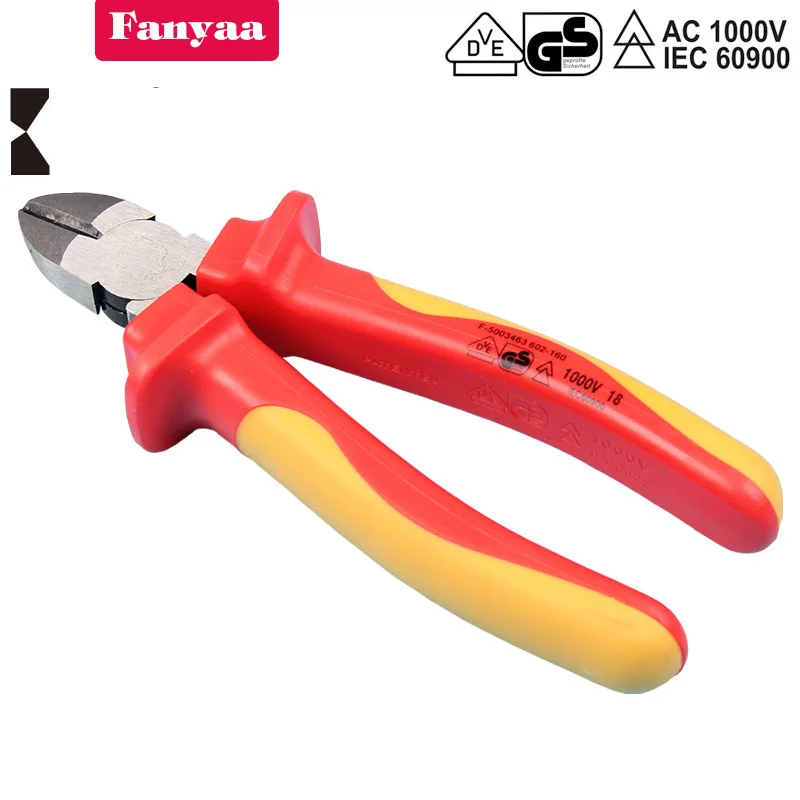 

Fanyaa Insulated Diagonal Cutting Pliers 6" 160mm VDE & GS IEC60900 Electricians 1000V AC With Crv Body and Non-Slip Handles